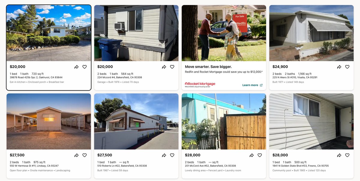 spencerpratt's tweet photo. $109M for 278 homes = $400K per. There are 400+ mobile homes for sale around Fresno from just $20K, with the average home in Kings County at $105K. With $109M, you could house 4x the people, with ZERO construction emissions...but you can't launder tax $ which is all this is. https://t.co/Vnes0UQVGI