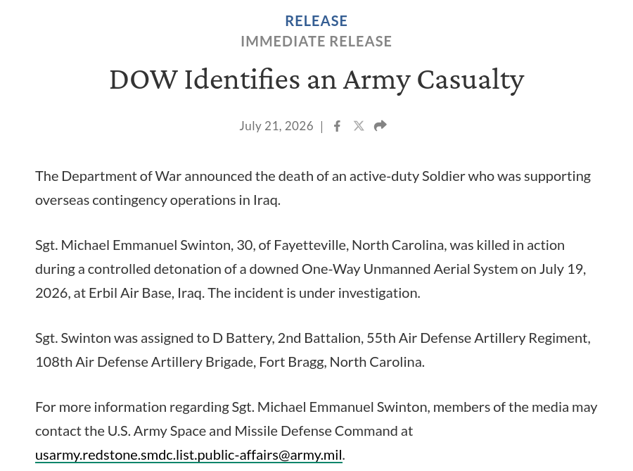 TheIntelFrog's tweet photo. Couldn't have been taken from your own statements that NONE of the 4 KIA from last weekend were attributed to Operation EPIC FURY.

2 were attributed to Operation INHERENT RESOLVE while the other 2 were attributed to unspecified overseas contingency operations.

But there's no shell game going on.🙄