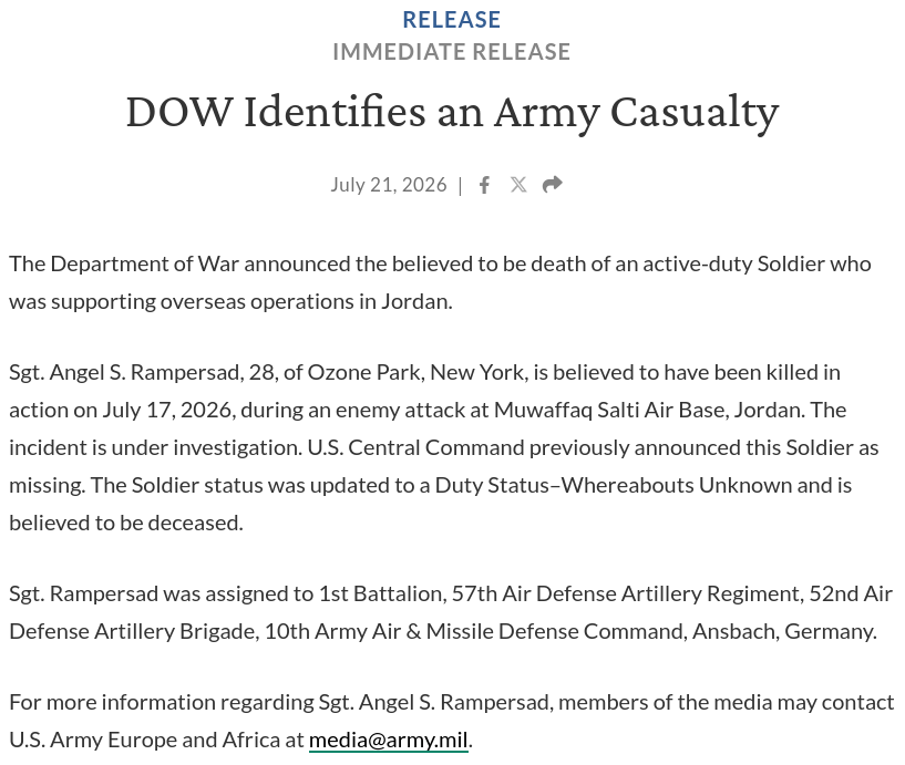 TheIntelFrog's tweet photo. Couldn't have been taken from your own statements that NONE of the 4 KIA from last weekend were attributed to Operation EPIC FURY.

2 were attributed to Operation INHERENT RESOLVE while the other 2 were attributed to unspecified overseas contingency operations.

But there's no shell game going on.🙄