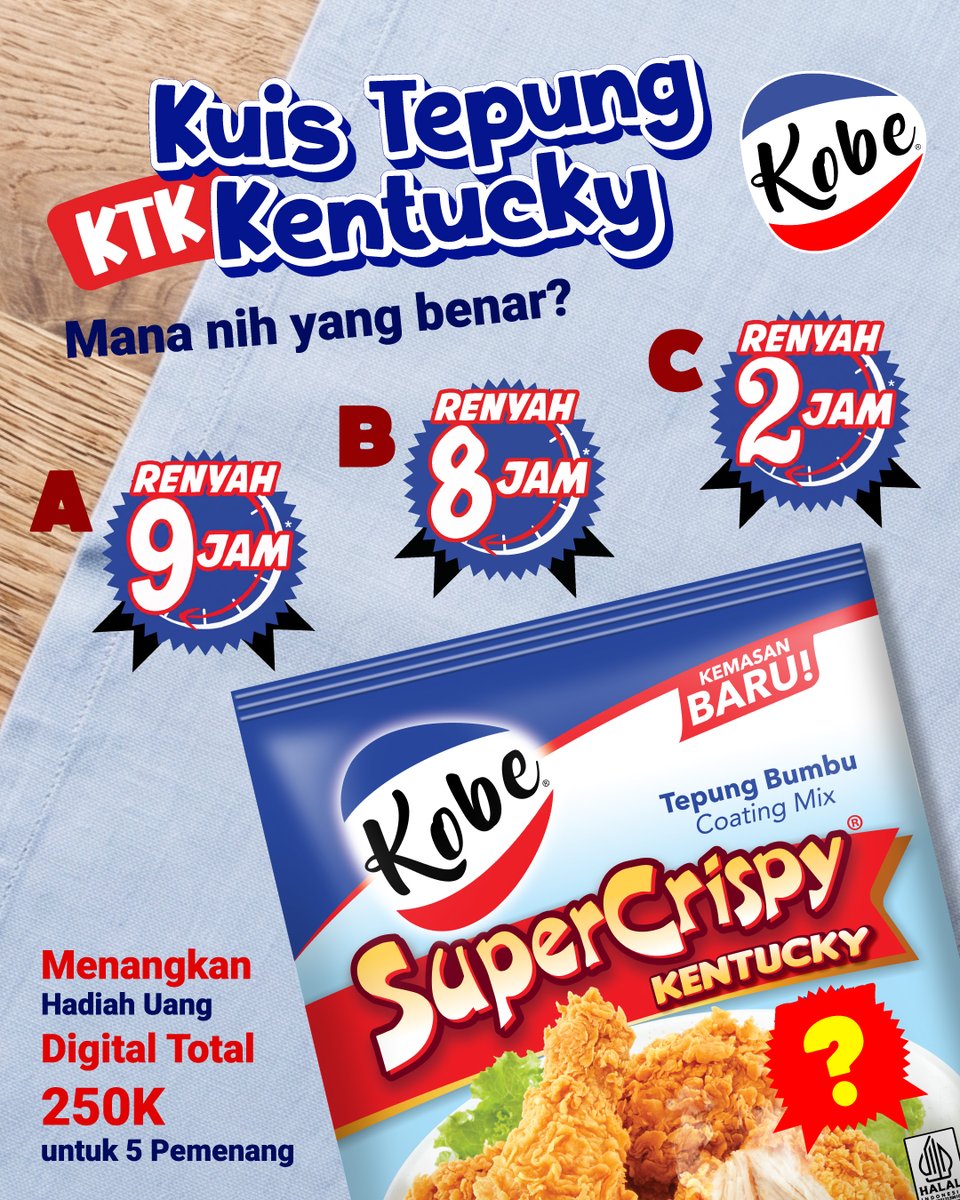 dapurkobe's tweet photo. 🍳❓ Quiz Time!
Yuk jawab manakah jawaban yang benar untuk melengkapi produk Kobe Tepung Kentucky SuperCrispy dan menangkan hadiah uang digital Total 250K untuk 5 Pemenang 💸
Good luck, Bestie! 😘

#dapurkobe #tepungkobe #giveaway #giveawayindo #kuis #resep #KataOrangBanyakEnak https://t.co/3iB27rUdcE