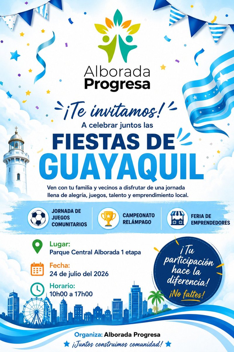 alboprogresa's tweet photo. Los esperamos @Cdla_Guayacanes @Cdla29dejunio @Urdesafutura @ViaLaCostaLucha @15_5vialacosta @Urb_MuchoLote2 @Albounidos54461 @Sauces7Gye @cdn_gye @puertoazulec @kennedyvieJacb @coop24demayo @samanescuatro https://t.co/TWEwJWDDRI