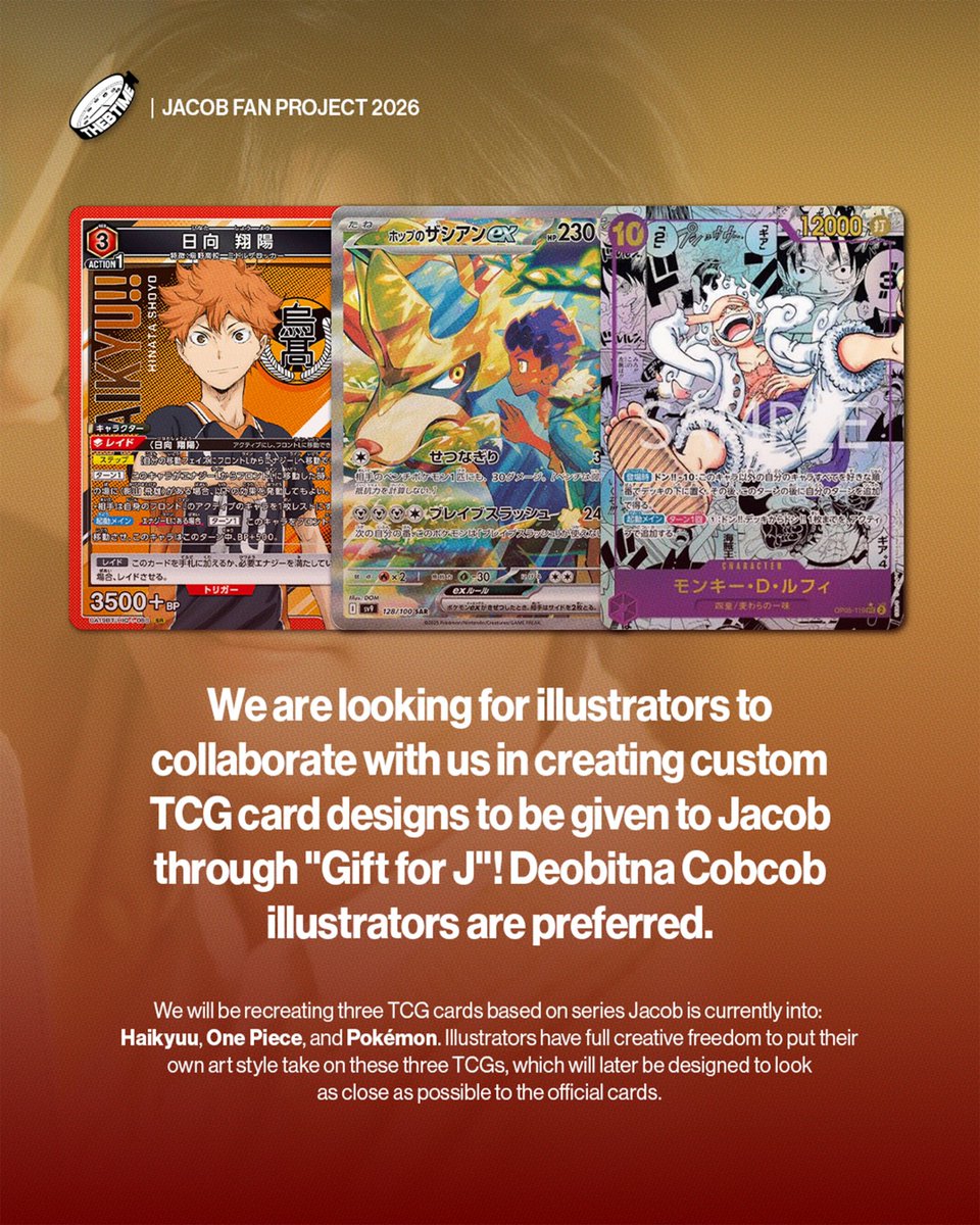 thebtime_id's tweet photo. Halo Deobitna! ✨

Kami sedang mencari 3 illustrator untuk berkolaborasi dalam pembuatan Custom TCG Card yang akan diberikan langsung sebagai kado untuk Jacob lewat Gift for J! 🃏💖

Cek detailnya🔻

#JACOB_MTWT2026 #JACOB #THEBOYZ #THEBTIME https://t.co/uj2abOZ2aN