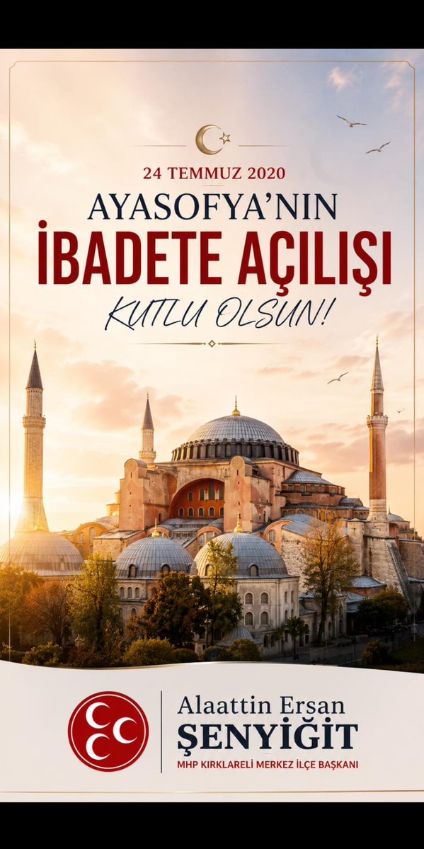 ErsanAlaattin's tweet photo. 24 Temmuz 2020
AYASOFYA’nın İBADETE AÇILIŞI KUTLU OLSUN 
@SavasanSaban 
@MHP_Bilgi 
@dbdevletbahceli https://t.co/wauItrdy3a