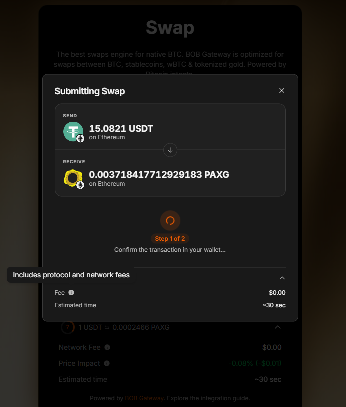 itzJiTss's tweet photo. ~ I forget to add that while making a transaction the network fee and fee (in details section while confirming transaction) is showing zero value but the actual values are different on blockchain explorer. 

The background while swapping through rwa assets is cool feature we hope to see more such of UI features.

@build_on_bob