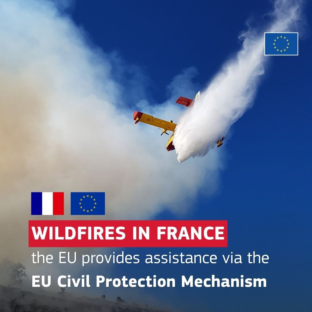 eu_echo's tweet photo. Wildfires are tearing through France. 🔥🇫🇷

France requested assistance through the #EUCivilProtection Mechanism and the EU is deploying #rescEU planes and helicopters hosted by Portugal, Croatia, Czechia and Slovakia.

France is not fighting alone. 🇪🇺 https://t.co/gY3s09YF3z