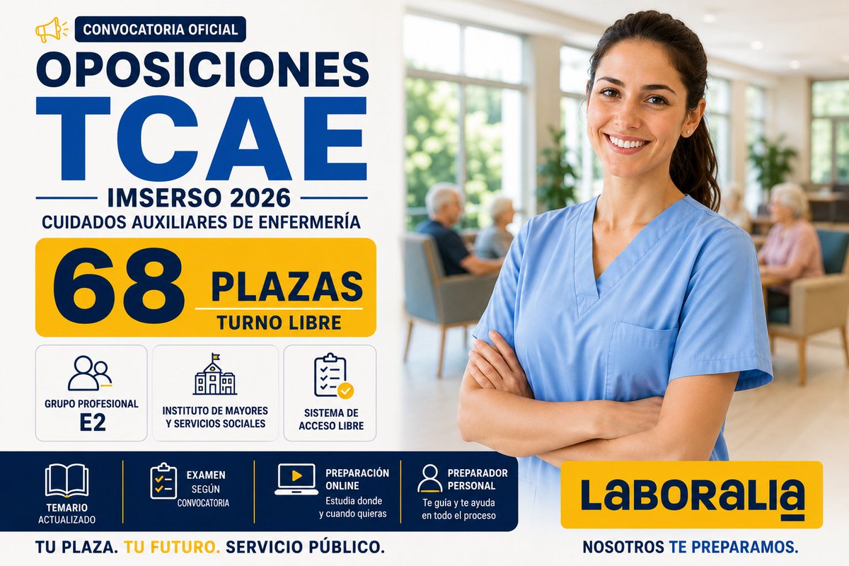 Laboralia_'s tweet photo. Plaza fija como TCAE sin opositar a un servicio de salud 👀

El IMSERSO convoca 68 plazas libres (laboral fijo, E2). Requisito: título de TCAE. Plazo: hasta el 4/09/2026.

Toda la convocatoria:
 https://t.co/kFa7gNkOgJ https://t.co/Ys2dNAx9UG
