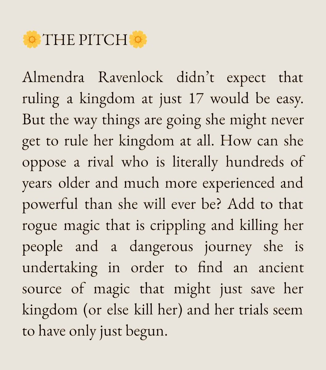 faridamestek's tweet photo. ALMENDRA’S TRIAL:

🌼 a YA fantasy novel
🌼 a teenage queen
🌼 a powerful rival
🌼 an old enemy
🌼 a path of trial and error
🌼 a long-lost source of magic
🌼 a blossoming romance

#QuestPit #F #YA #Q https://t.co/bmWNiUu3Bd