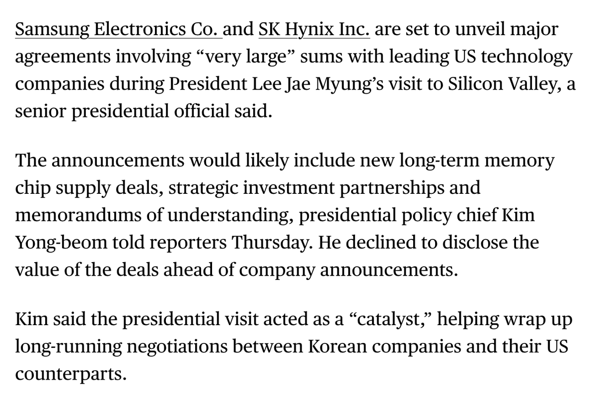 jukan05's tweet photo. Kim Yong-beom, the presidential chief of staff for policy, said Samsung and SK hynix are expected to announce “very large-scale” contracts with leading U.S. technology companies during President Lee Jae-myung’s visit to Silicon Valley. https://t.co/sYe2HX6RSd