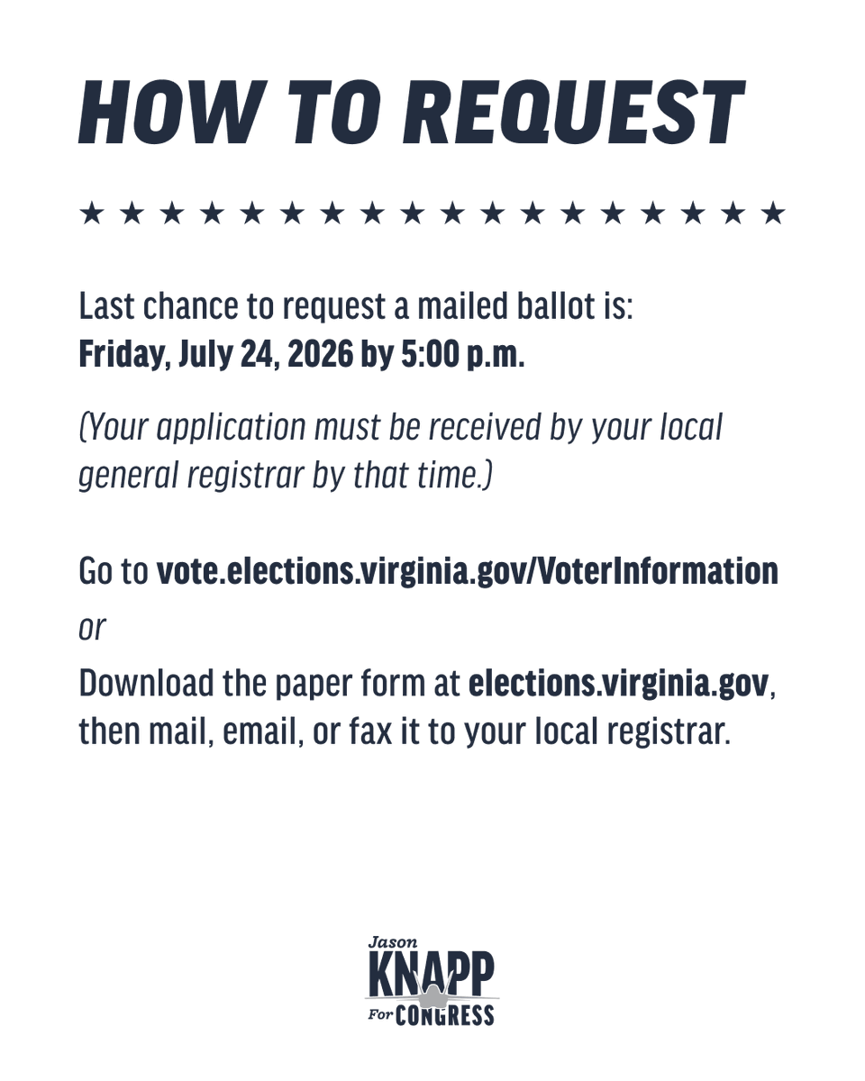 Knapp_4Congress's tweet photo. 🗳️ Today is the last day you can register or update your voting information and request an absentee ballot for the 2026 midterms in Virginia!  🗳️

#GOTV #Vote #midterm2026 #Virginia #grassroots https://t.co/11oCMzTQoY