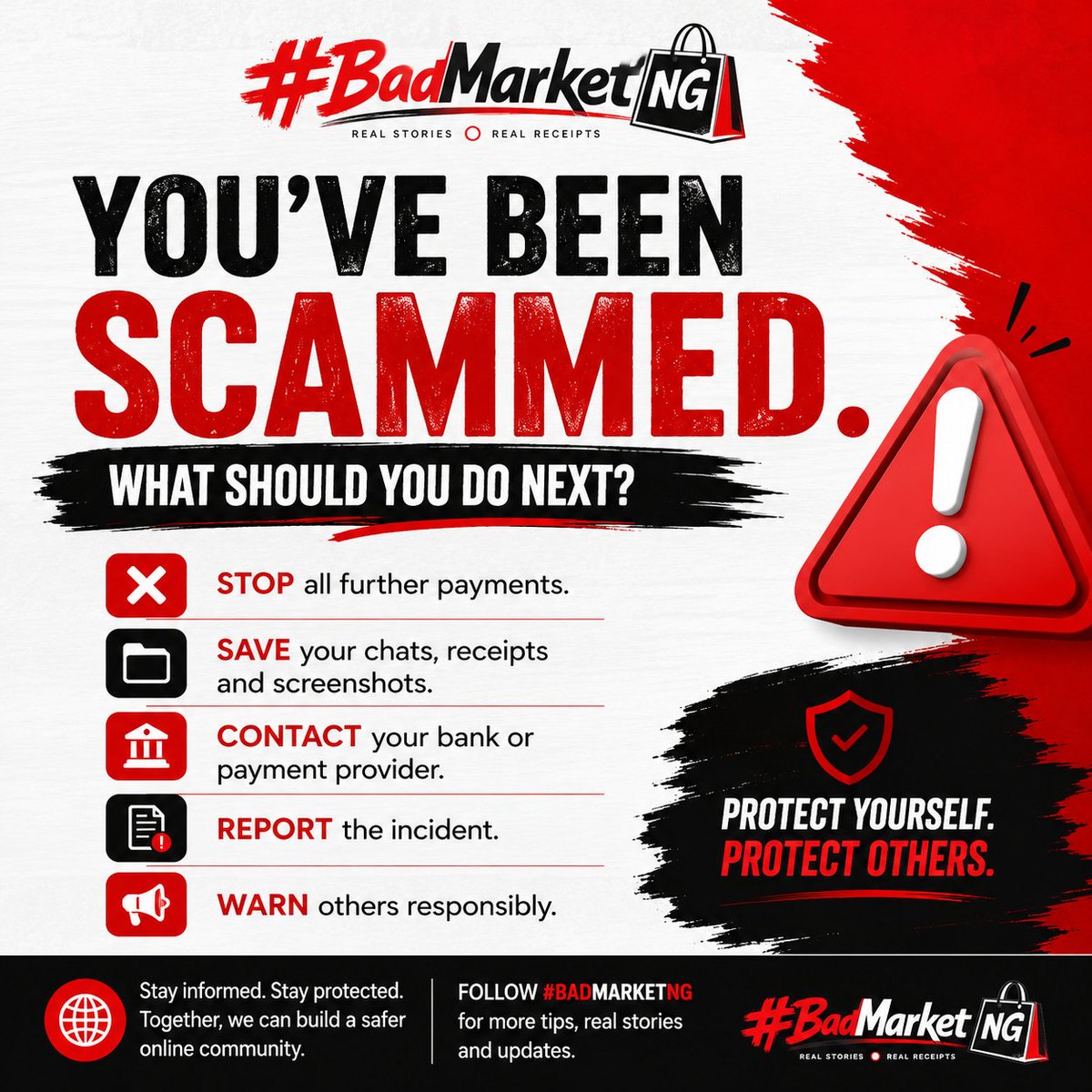 BadMarketNG's tweet photo. Been scammed?

Don't panic.

Save your evidence. Report it. Warn others responsibly.

Your experience could help someone else avoid the same mistake.

 Have you ever been scammed online?

#BadMarketNG #Nigeria #ScamAlert #ConsumerRights https://t.co/cfPJausnxt