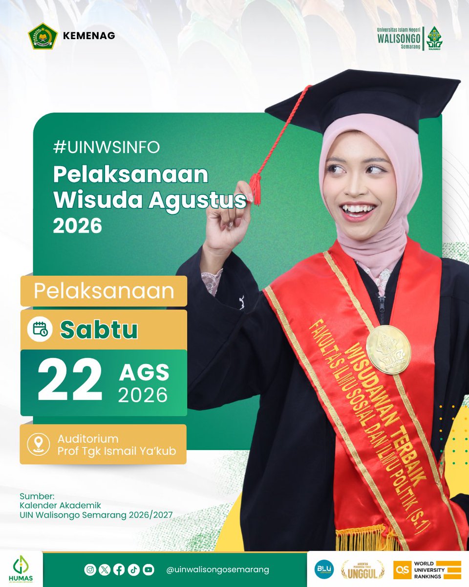 UinWSofficial's tweet photo. Satu bulan menuju Wisuda Agustus 2026

Lets prepare for the celebration 🥳🥳

#wisuda2026
#uinwalisongosemarang https://t.co/7M08mWrnTN