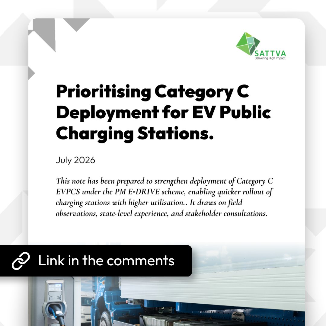 _sattva's tweet photo. Fueled by the ₹2,000Cr PM E-DRIVE allocation, India's roll-out for Public Charging Infrastructure is gaining pace! But to make these chargers commercially viable, we must prioritize high-traffic Category C sites (logistics hubs, highway corridors, markets) where utilization is highest.

Our latest whitepaper explores this shift and and identifies five practical interventions that could unlock scale. Also poses an important question about the role of State Nodal Agencies. Rather than functioning mainly as facilitators, could they evolve into active planners that shape demand, align stakeholders, and translate policy architecture into viable market design?

Read more: https://t.co/jaqTk2bQ72

#EVcharging #Electricvehicle #Greenmobility #Freightoperators #EVIndia #SustainableTransport