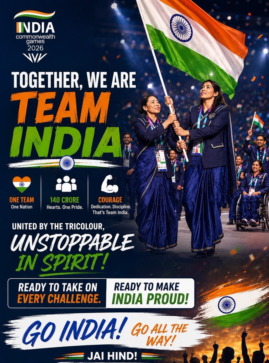 BabyRina22's tweet photo. The tricolour flies high because our champions never stop believing. Best wishes to every Indian athlete and para athlete competing at the Commonwealth Games 2026.

#TeamIndia #CommonwealthGames2026 #GenZWithBharat https://t.co/pIMeXDUTf9