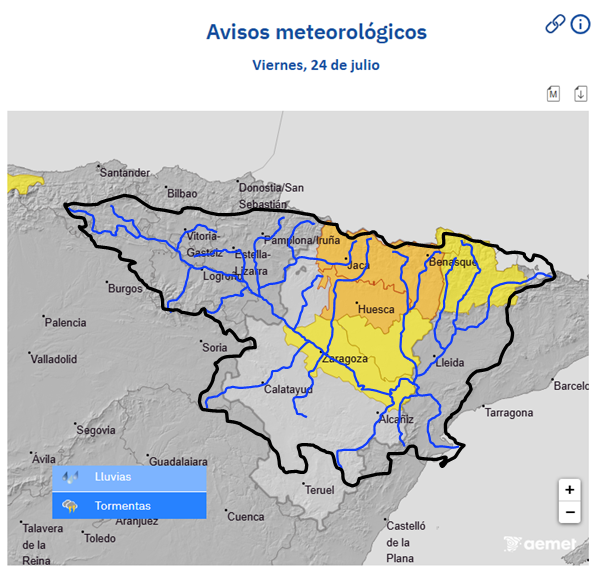 saihebrocpc's tweet photo. Ante avisos (AEMet)🟡por ⛈️ (15-20 mm/h) y 🟠por🌩️, la @CH_Ebro recuerda la posibilidad de crecidas súbitas en cauces menores y barrancos en el sector nororiental de la cuenca del Ebro hoy viernes 24/07. Precaución ⚠️ https://t.co/t2UFnDWSsy