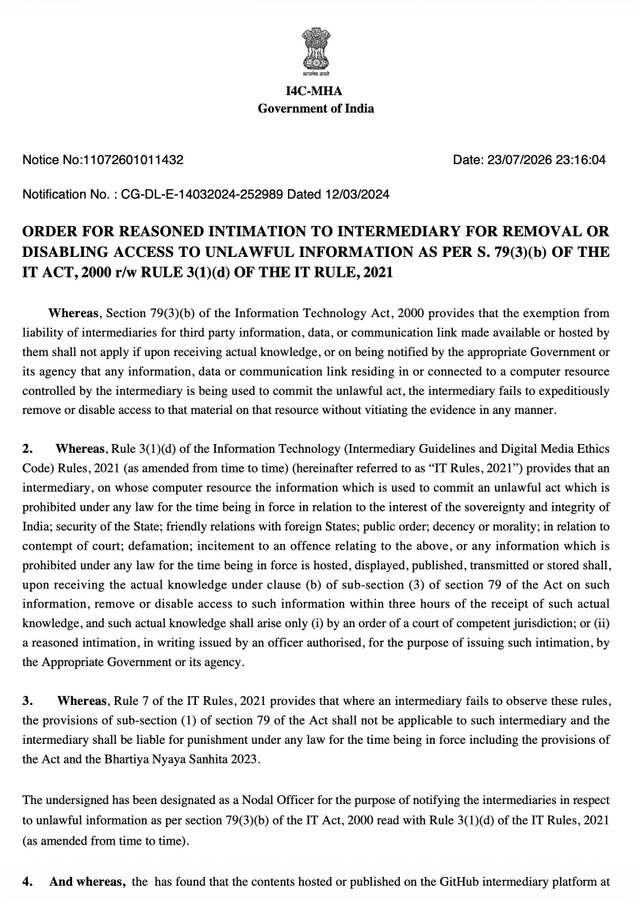 SFLCin's tweet photo. Statement on the Indian government's order to GitHub to block BitChat:

The Indian Cyber Crime Coordination Centre (@Cyberdost ) under the Ministry of Home Affairs (@PIBHomeAffairs) has ordered GitHub (@github) to remove three URLs linking to BitChat, an app that works offline without an internet connection and enables users to communicate over Bluetooth. This order was issued under Section 79(3)(b) of the Information Technology Act, 2000, read with Rule 3(1)(d) of the Information Technology (Intermediary Guidelines and Digital Media Ethics Code) Rules, 2021.

During the internet shutdowns imposed on multiple occasions over the past week in parts of Central Delhi, many protesters faced difficulties communicating or seeking emergency services. Open-source applications like BitChat allow people to communicate with other people using the same application nearby, without an internet connection.

The order states that the application would impede the state's ability to conduct lawful interception and surveillance and enable users to circumvent lawful restrictions such as internet shutdowns. The notice was issued at 11:16 PM on 23rd July and has given GitHub three hours to remove the links.

However, the order fails to satisfy the tests of legality, necessity, and proportionality and constitutes as an abject misuse of Section 79(3)(b) of the IT Act, read with Rule 3(1)(d) of the IT Rules 2021.

At the outset, Section 79(3)(b) does not confer the power to block or remove content, which instead stems from Section 69A of the IT Act. The issuance of orders with generic grounds is further inconsistent with the safeguards laid down by the Supreme Court in Shreya Singhal v. Union of India. The Supreme Court upheld Section 69A of the IT Act, 2000 strictly because it required that blocking orders must be reasoned, necessary, and proportionate, and that such reasons must be recorded in writing to enable judicial review.

The opacity surrounding these removals goes against the strict requirements of accountability and record-keeping embedded in the Information Technology (Procedure and Safeguards for Blocking for Access of Information by Public) Rules, 2009.

The only reason this particular order in the current instance became public is not due to dissemination by the issuing authority, but rather because @Jack posted about the same on X. What we see emerging through these removals is a system of informal, decentralised censorship, where the government can direct content removals without transparency or oversight.

The lack of information renders a meaningful legal challenge impossible and leaves affected parties without legal redressal, including the basic elements of review that Section 69A provides when read with the Blocking Rules 2009. Orders passed under Section 79(3)(b) therefore function as circumventions of the procedural safeguards enumerated under Section 69A of the IT Act.

@jack @BitchatMe_ @callebtc @FOSSUnited @GitHubPolicy @GithubProjects

#FOSS #internetshutdown