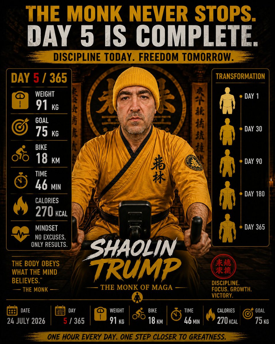 Apoteoz9508's tweet photo. Day 5/365 ✅
No shortcuts. No excuses. Just discipline.
Every ride is another step toward the goal.
18 km • 46 min • 270 kcal.
The journey continues. 🔥
#ShaolinTrump #TheMonkOfMAGA #Fitness #Cycling #Cardio #Discipline #Consistency #Endurance #TrainHard #NoExcuses #Workout #FitnessJourney #HealthyLifestyle #RoadTo75kg #365Challenge