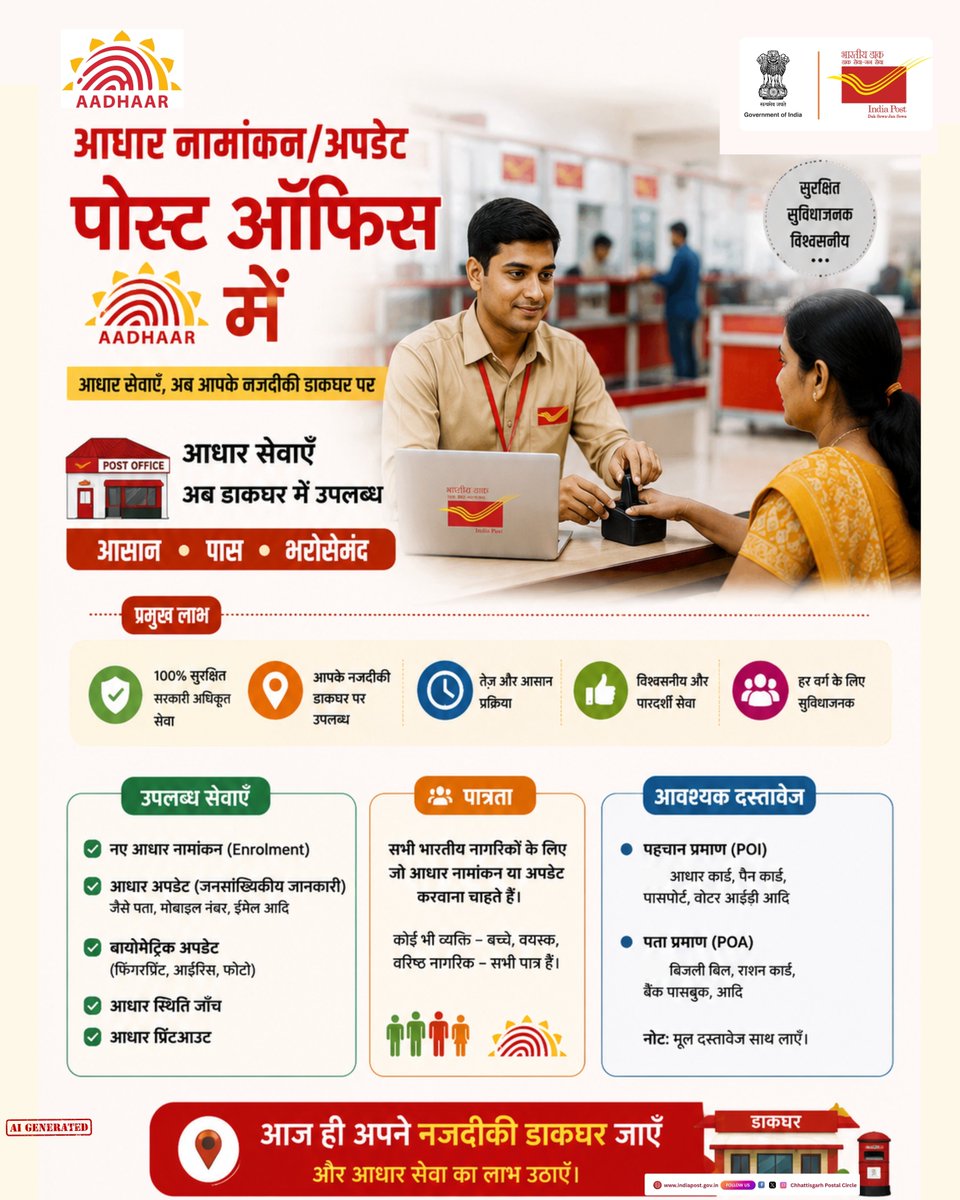 cpmgchattisgarh's tweet photo. आधार सेवाएँ अब आपके नज़दीकी डाकघर में
अब नया आधार नामांकन, आधार अपडेट और बायोमेट्रिक अपडेट जैसी सुविधाएँ आपके निकटतम डाकघर में उपलब्ध है
आज ही अपने नज़दीकी डाकघर जाएँ और आधार संबंधी सेवाओं का लाभ उठाएँ।
#Aadhaar #AadhaarSeva #IndiaPost #BhartiyaDak #CGPost https://t.co/sVAgBQMSHg