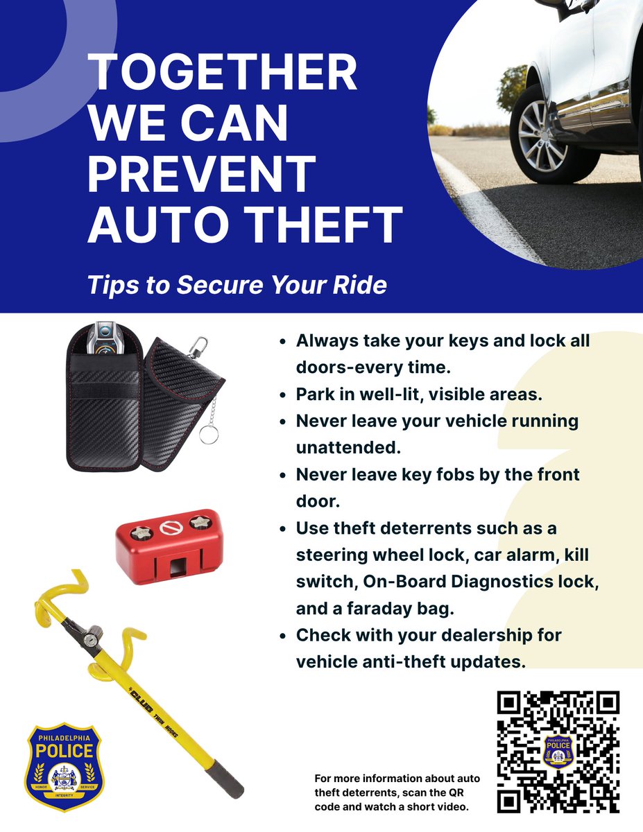 PPD39Dist's tweet photo. A few simple steps can help prevent auto theft. Please take a moment to read and share! 🚙🔒 https://t.co/kvX3VARlM6