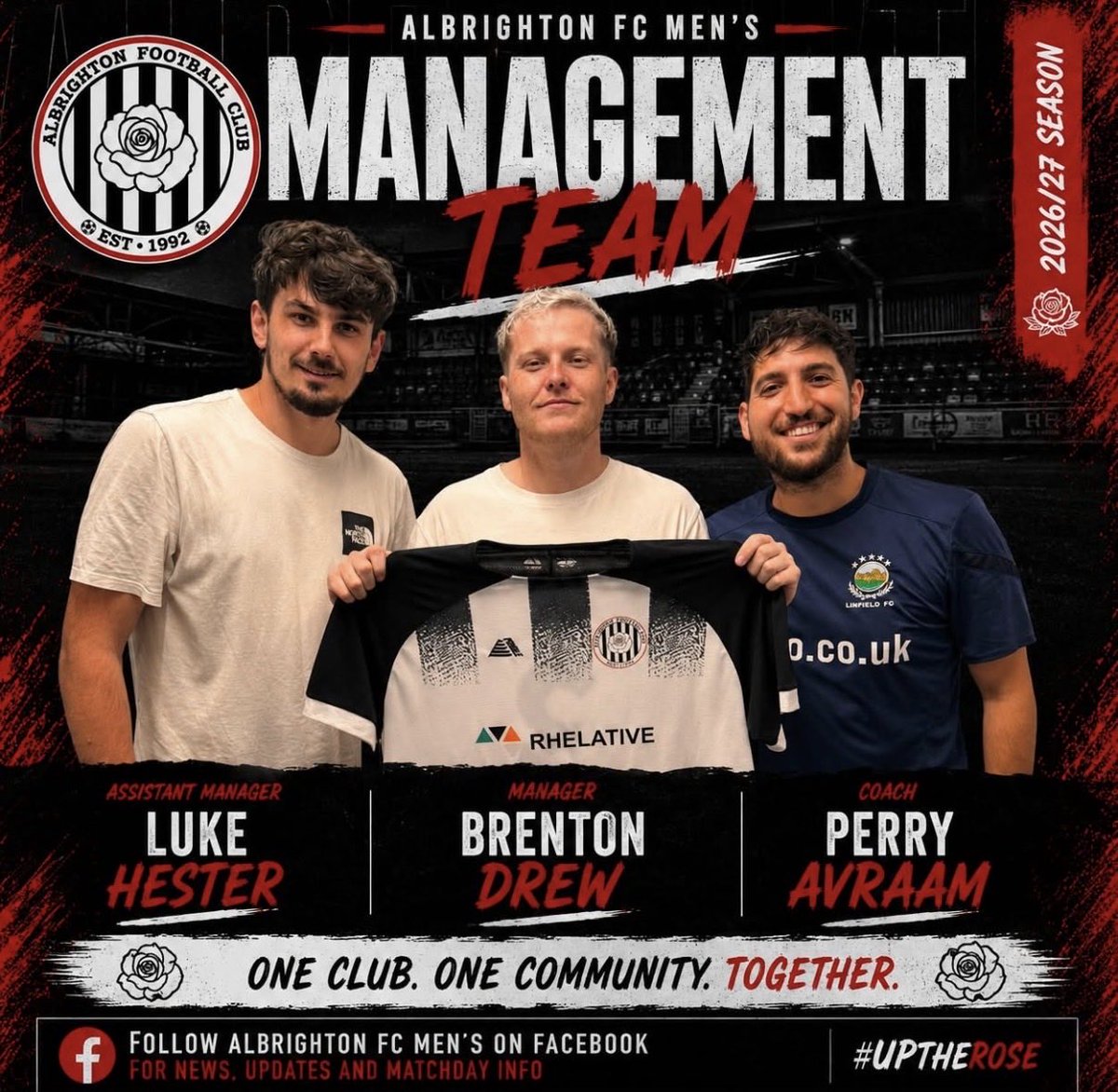 AlbrightonAFC's tweet photo. ⚽🌹 ALBRIGHTON FC MEN'S | NEW MANAGEMENT TEAM 🌹⚽

Albrighton FC Men's are delighted to announce our management team ahead of the 2026/27 season.

Please join us in welcoming:

🔴 Brenton Drew – Manager
⚫ Luke Hester – Assistant Manager
🌹 Perry Avraam – Coach https://t.co/tZAAnUyIgH