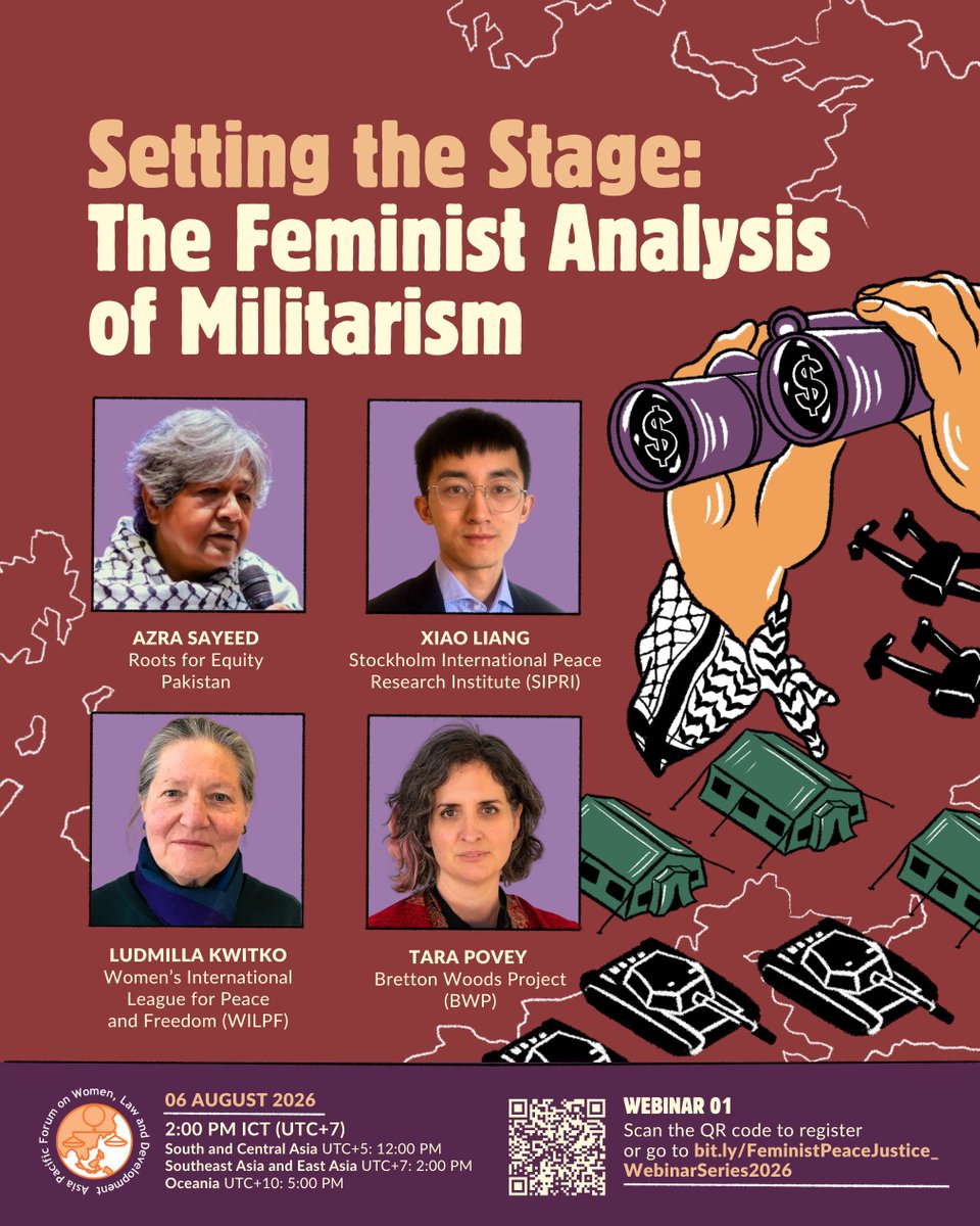 apwld's tweet photo. 🌟 Join APWLD and our members and allies to explore feminist analyses of militarism and find pathways to collectively resist militarism and climate imperialism!

🗓️ 6 Aug, 20 Aug, 3 Sept, 11 Sept
📎 Scan the QR code or register and learn more: https://t.co/IoTkqxMDFW

#DefundWar https://t.co/HDZtIXKouA