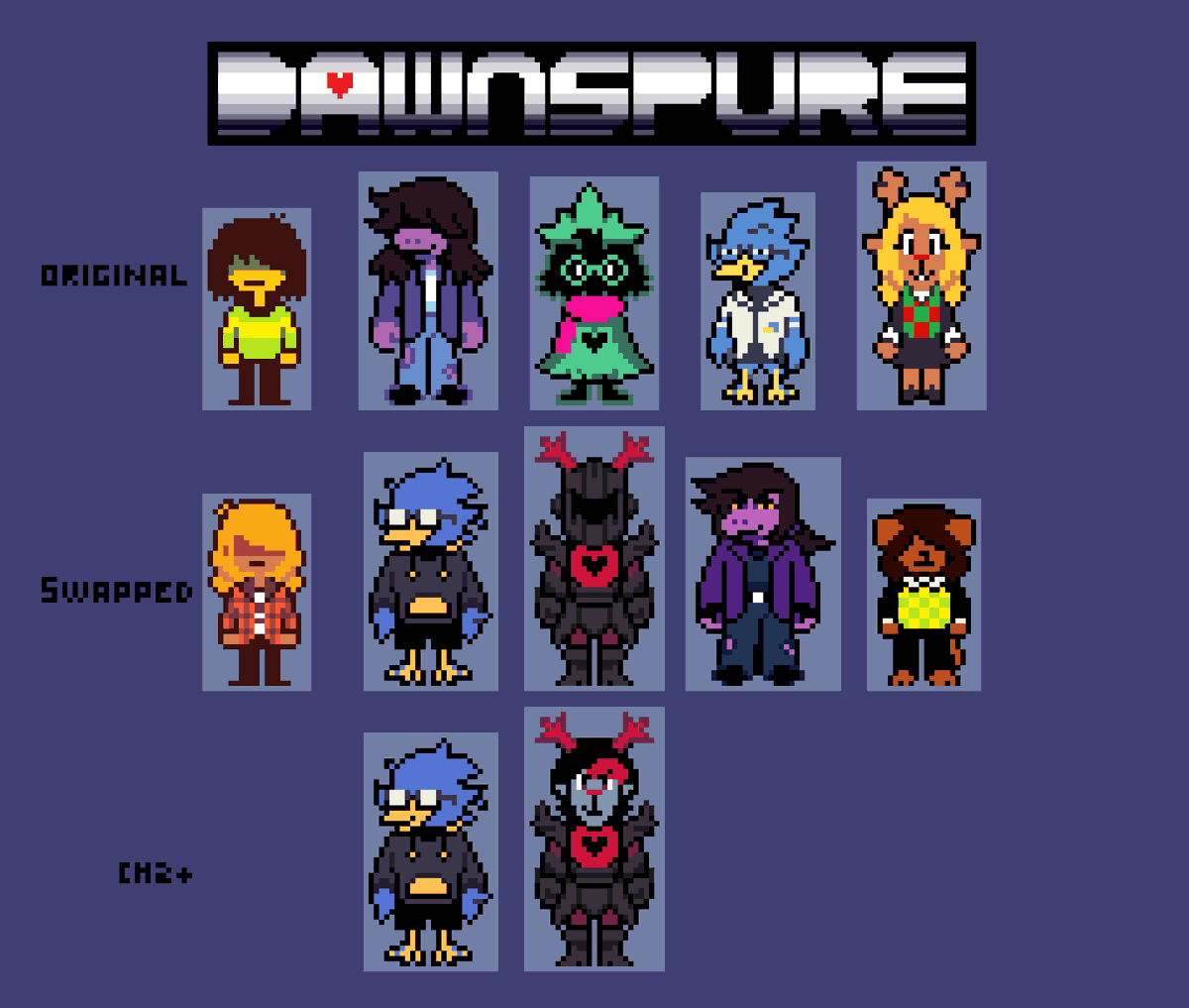 alu2901116036's tweet photo. Some designs for a take on Deltaswap I made for fun a couple weeks ago.
#deltarune #pixelart https://t.co/uFLuLgcYxE