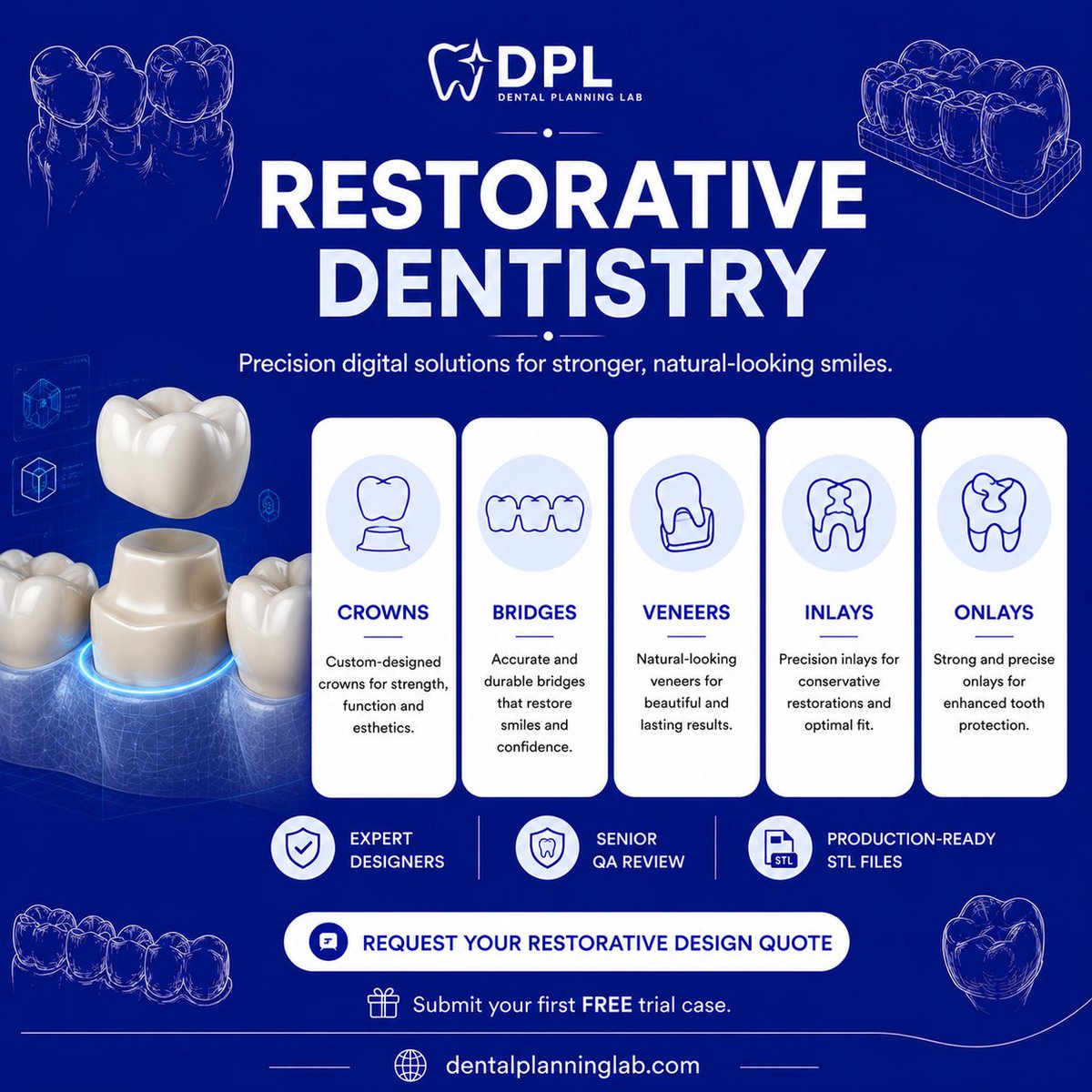 DentalPlanLab's tweet photo. 🦷 Restore smiles with precision.

Our Restorative Dentistry service includes:

✅ Crowns
✅ Bridges
✅ Veneers
✅ Inlays
✅ Onlays

Production-ready CAD/CAM designs with expert QA and fast turnaround.

🎁 Submit your first FREE trial case.

🌐 https://t.co/3znvDrpiTQ https://t.co/tu5QUrXKug