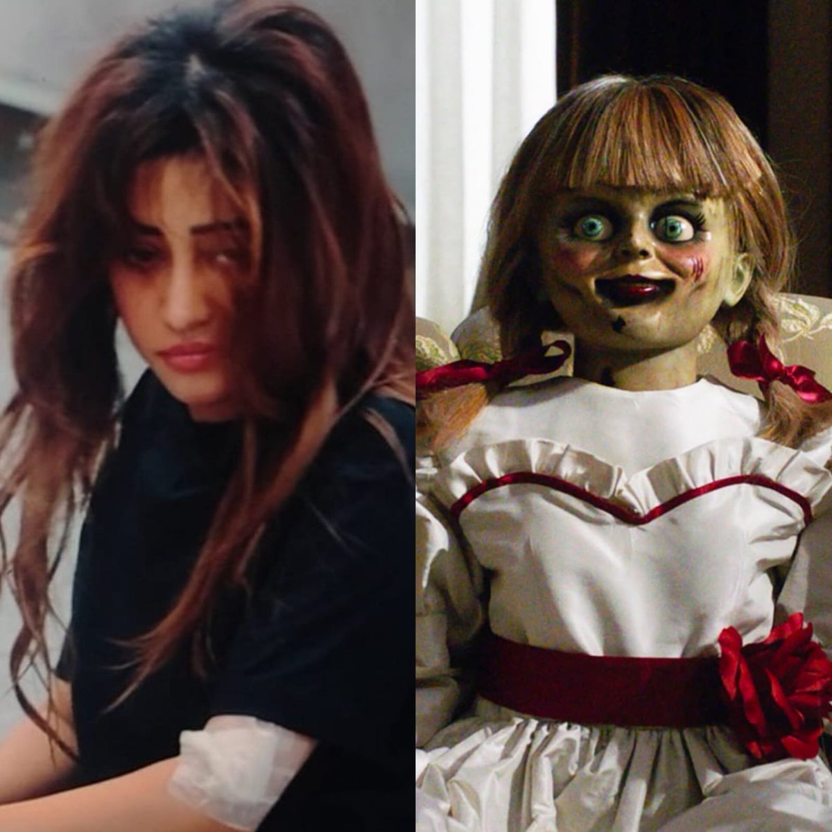 version_x1's tweet photo. Shivangi ka new look dekh ke ek hi naam yaad aaya... 👀

Annabelle, tumhari lost sister mil gayi 😭😂

Or mujhe Annabelle jyda cute lag rahi he😔💔
 #ShivangiJoshi #ShilpaShinde #LockUpp https://t.co/O9V7cPxnLh