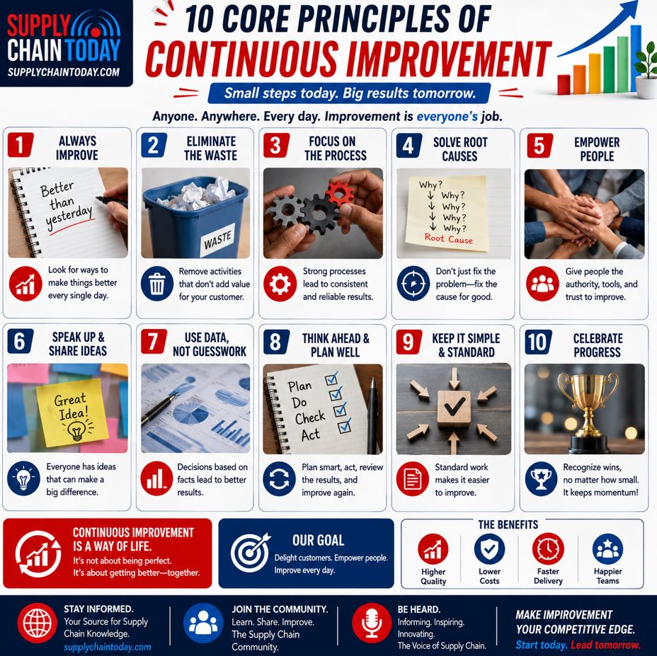 LogisticsStuff's tweet photo. 10 Core Principles of Continuous Improvement. Small steps today, big results tomorrow. Improvement is everyone's job.
#ContinuousImprovement #LeanManagement #Kaizen #OperationalExcellence https://t.co/joPFUtV7w6