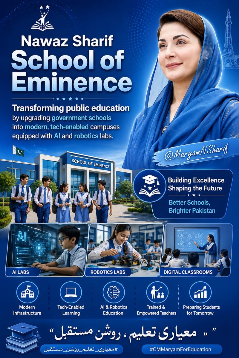 gcwsf_fsd's tweet photo. Nawaz Sharif School of Eminence

Transforming public education by upgrading government schools into modern, tech-enabled campuses equipped with AI and robotics labs.

@MaryamNSharif

#معیاری_تعلیم_روشن_مستقبل

#CMMaryamForEducation https://t.co/nZZLllqPU8