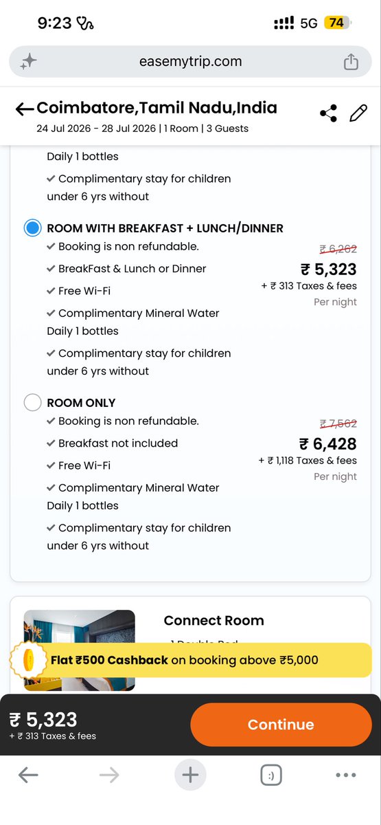 bitu0091's tweet photo. @EaseMyTrip This screenshot was taken shortly after the booking and reflects how your app displayed the room. It clearly shows “ROOM WITH BREAKFAST + LUNCH/DINNER” with “Breakfast &amp; Lunch or Dinner” included.. https://t.co/9XXa68ZhAQ