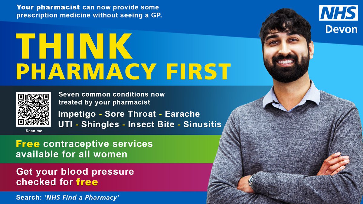 RoyalDevonNHS's tweet photo. Need support? Your local pharmacy can offer advice and non-prescription treatments for a range of common illnesses.

Most pharmacies can provide some prescription medicine, without needing to see a GP or make an appointment.

Find a pharmacy near you - https://t.co/PHA781NfBL https://t.co/ne1gAWwMmz