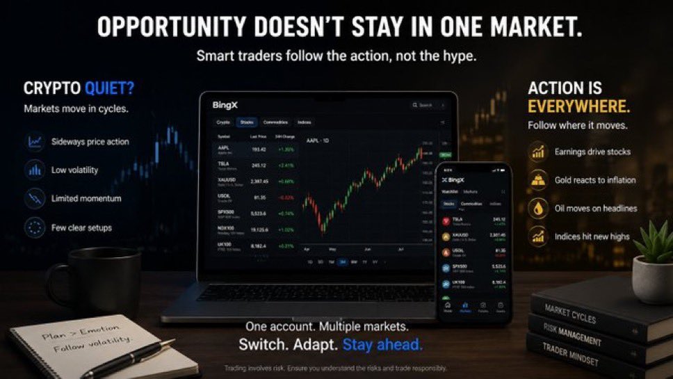 arabcrypta's tweet photo. Crypto has been quieter than usual lately.

Instead of forcing trades, I’ve been watching other markets where volatility is picking up. Having stocks, gold, and commodities alongside crypto on BingX makes that transition easy.

What market are you watching right now?
$TSLA $BTC $AMD $AI