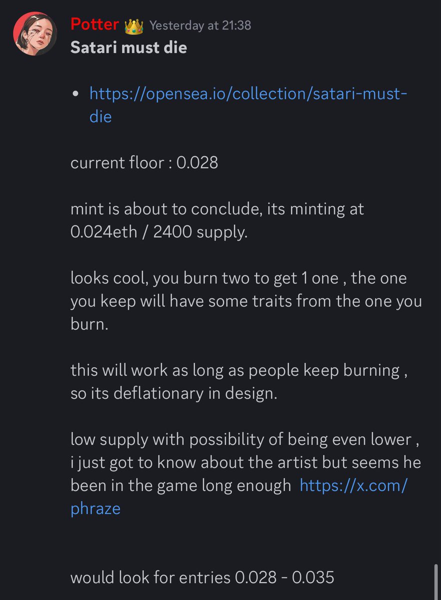 Potterplays1's tweet photo. Satari must die : 0.028e —> 0.07e 

was 8 per wallet, stayed near mint price for hours before reaching 3x.

missed the mint? join us for secondary 😬 https://t.co/FqA74DZ1Y7