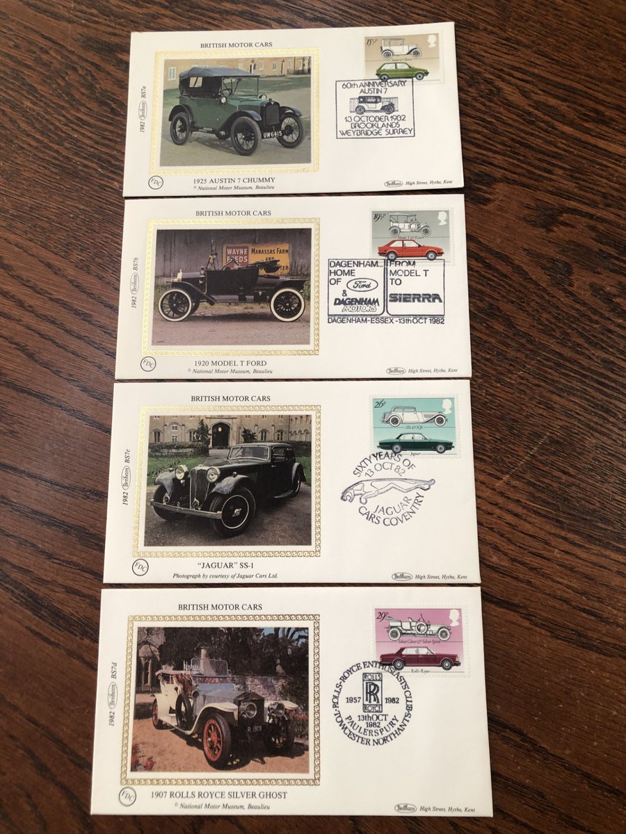 SeivadStamps's tweet photo. 1982 Motor Cars Benham First Day Covers. #fdc #firstdaycover #firstdaycovers #firstdaycoverstamps #stampcollectors #collectingstamps #royalmail #stampcollections #benham #benhamcovers #austin7 #modeltford #Jaguar #rollsroyce #motorcars #motorcar #silverghost https://t.co/LmpNroGV4h