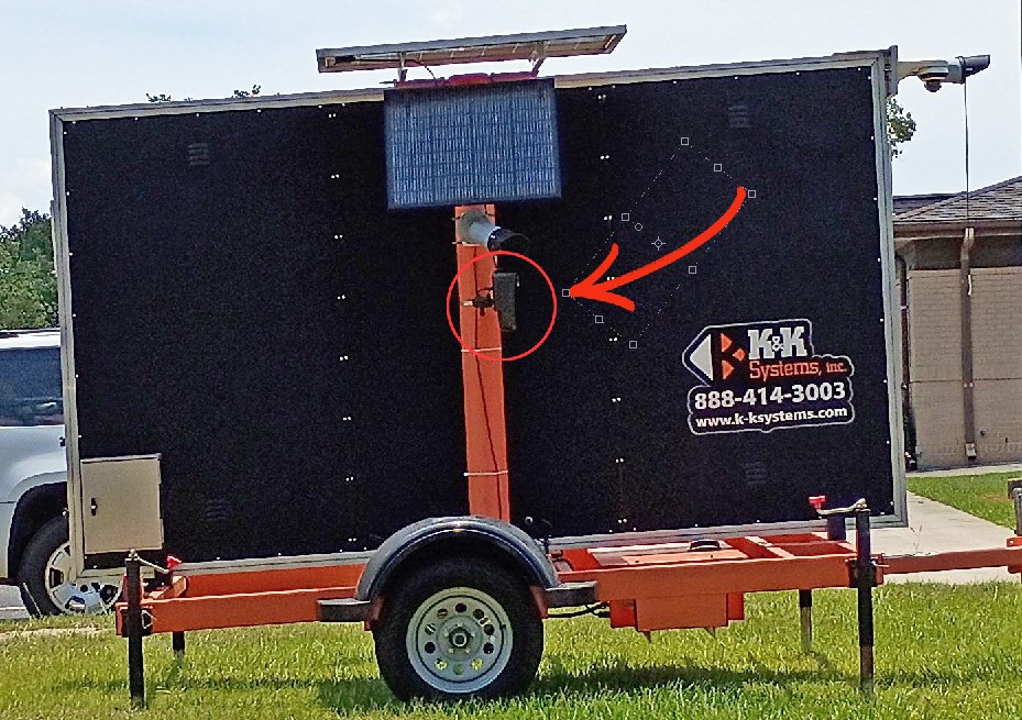 JasonBassler1's tweet photo. Look closely... Do you see it?  👀

That’s a Flock camera bolted to the back of a trailer that’s supposed to warn you about road hazards and construction zones.

If Flock is so “transparent,” and “for public safety”… why are they hiding cameras in signs and trailers now? https://t.co/HHD9Kvnni8