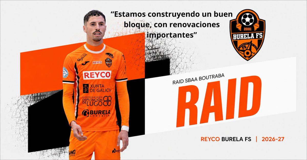 burelafs's tweet photo. 🗞️📰 𝐑𝐚𝐢𝐝 𝐭𝐚𝐦𝐛𝐢𝐞́𝐧 𝐬𝐞 𝐚𝐩𝐮𝐧𝐭𝐚 𝐚𝐥 𝐩𝐫𝐨𝐲𝐞𝐜𝐭𝐨 𝐛𝐮𝐫𝐞𝐥𝐢𝐬𝐭𝐚 𝟐𝟔-𝟐𝟕

⚽️🏋️‍♂️ El ala internacional con Marruecos cumplirá su segunda temporada en A Mariña, después de ser una de las piezas clave en la reconstrucción del equipo acometida por @juanmamarrube  a su llegada, en el mes de enero, procedente de la liga italiana.

➕➕➕ Con Raid son cuatro los jugadores de la estructura del Mariskal, junto a las renovaciones del capitán, Pitero, e Izan, además de la llegada del portero hispano-brasileño @joaovictor7t . 

🗣️🗣️🗣️“Tuve una gran acogida por parte del equipo, confianza por parte del cuerpo técnico y  del club. La clave de la buena evolución de la temporada, sin duda, estuvo además en el trabajo constante que realizamos todos en el día a día”, confesaba Raid.

💪🤗💪“Estamos construyendo un buen bloque, con renovaciones importantes. Al igual que pasó en enero, los que seguimos en el club haremos lo posible por facilitar la adaptación a los nuevos compañeros con el condicionante positivo de que tenemos toda una pretemporada por delante para conocernos, hacer grupo y sobre todo interiorizar, pulir y perfeccionar los conceptos tácticos que nos guiarán por el buen camino”.

🔗 https://t.co/ek2eGj4aSF
