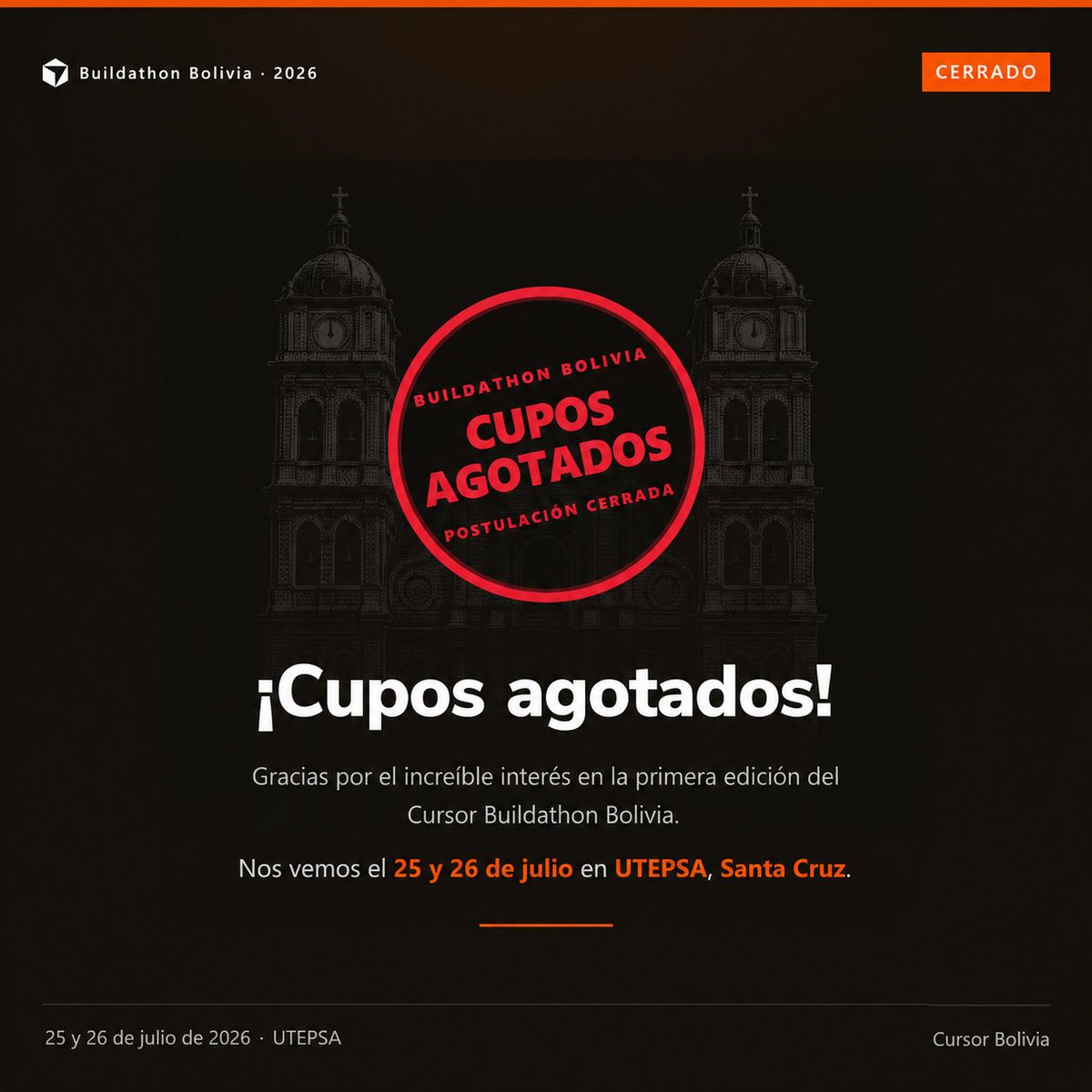 yaislab's tweet photo. ¡Cupos agotados!

Gracias a todas las personas que postularon para ser parte del primer Cursor Buildathon Bolivia.

A quienes no lograron obtener un cupo, gracias por el interés. 

Esperamos contar con ustedes en futuras ediciones.

Nos vemos el 25 y 26 de julio en UTEPSA. 🚀 https://t.co/Tj1JSgTrew