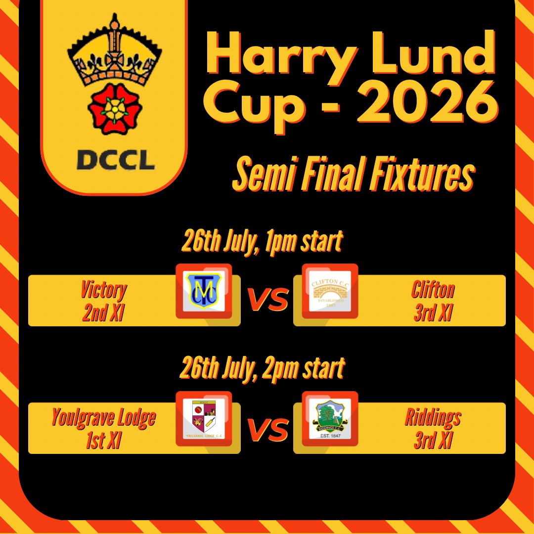 DerbysCountyLge's tweet photo. 🏆 Harry Lund Cup - 2026 🏆

It’s Semi Finals time on Sunday 🏏

Head to your nearest game for some cracking T20 cricket! 💥

Good luck to Victory, @CliftonCricket, @Youlgravelodge and @RiddingsCricket 🤞

#cricket #localcricket #t20cricket #semifinal #derbyshire https://t.co/SKd0pfs5gd