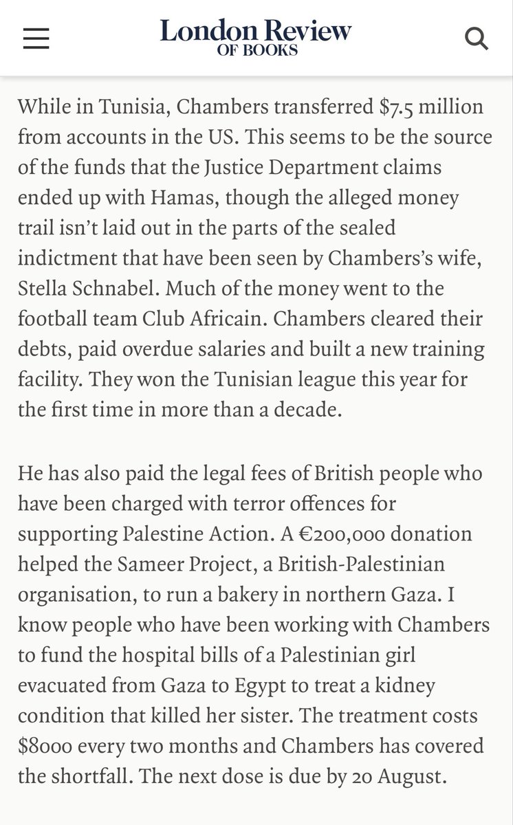 MaxBlumenthal's tweet photo. The “US” DOJ wants to extradite Fergie Chambers and jail him for 30 years for “supporting Hamas”

But what has he actually financed? 

He’s sponsored a Tunisian football club and funded humanitarian projects in Gaza, including one that helps a Palestinian girl evacuated from Gaza to Egypt treat a kidney condition that killed her sister