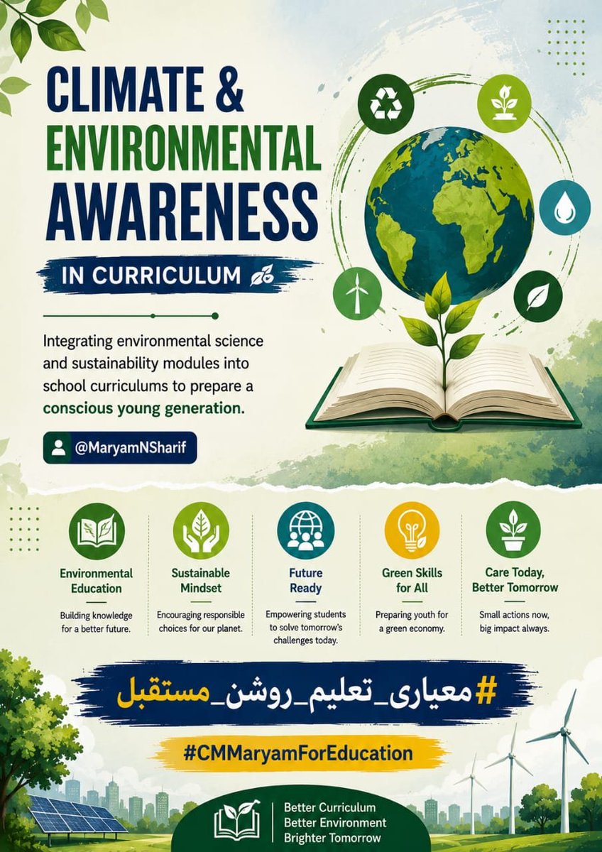GGCWCJf's tweet photo. Climate &amp; Environmental Awareness in Curriculum

Integrating environmental science and sustainability modules into school curriculums to prepare a conscious young generation.

@MaryamNSharif

#معیاری_تعلیم_روشن_مستقبل

#CMMaryamForEducation https://t.co/tf6CvqTXrE