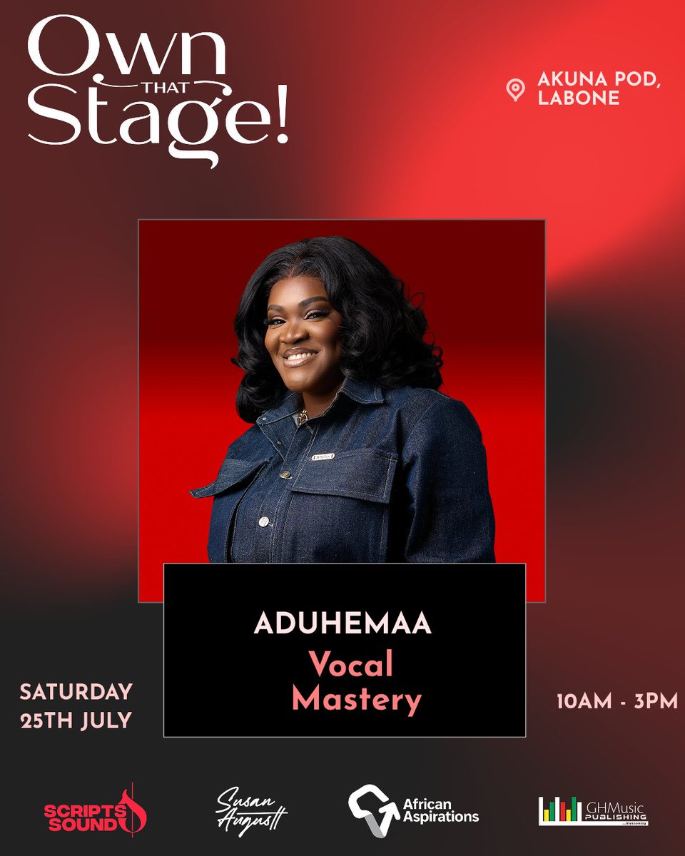 scriptsxsound's tweet photo. 🎤 Meet Aduhemaa, facilitator for the Vocal Mastery session at #OwnThatStage2026. 
Learn vocal technique, control, expression, and stage presence to deliver powerful performances.

📅 25 July | 📍 Akuna Pod | GHC 200. https://t.co/An7C7Tk27C