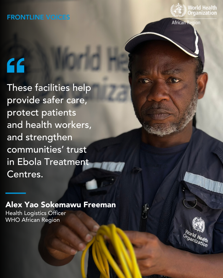 WHOAFRO's tweet photo. Since 2016, @WHOAFRO’s Alex Sokemawu Freeman has supported health emergency responses across Africa as a Health Logistics Officer.

As part of the ongoing #Ebola response in DRC, he helped establish an Ebola Treatment Centre in Lita designed to improve patient safety, protect health workers and provide safer, more dignified care.