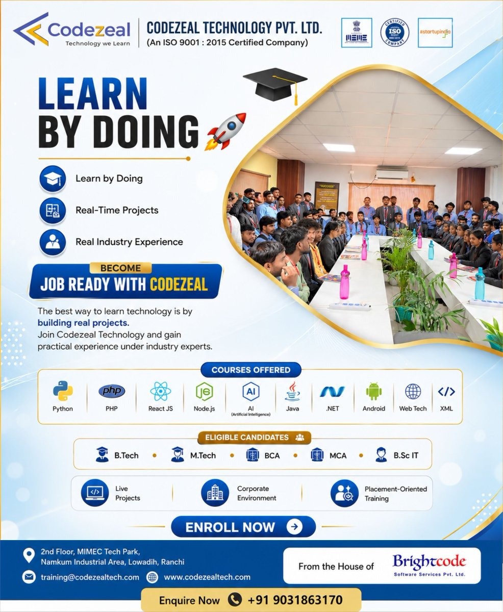 Codezealtech's tweet photo. 🚀 Learn by Doing at Codezeal!

Work on live projects, gain real industry experience, and become job-ready.

🎓 https://t.co/TUiD0msTZN | https://t.co/XLU6um4gaD | BCA | MCA | https://t.co/nPgBhsDTHQ IT

📞 +91 9031863170

#Codezeal https://t.co/6Sxz6VYZqH