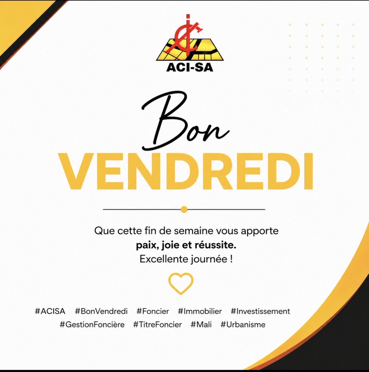 ACIAgence's tweet photo. Bon Vendredi à tous !!!

#BonVendredi #ACISA #Foncier #Immobilier #Investissement #TitreFoncier #GestionFoncière #Urbanisme #Mali #ExcellenteJournée #BonWeekEnd https://t.co/nYbfbRI76Y