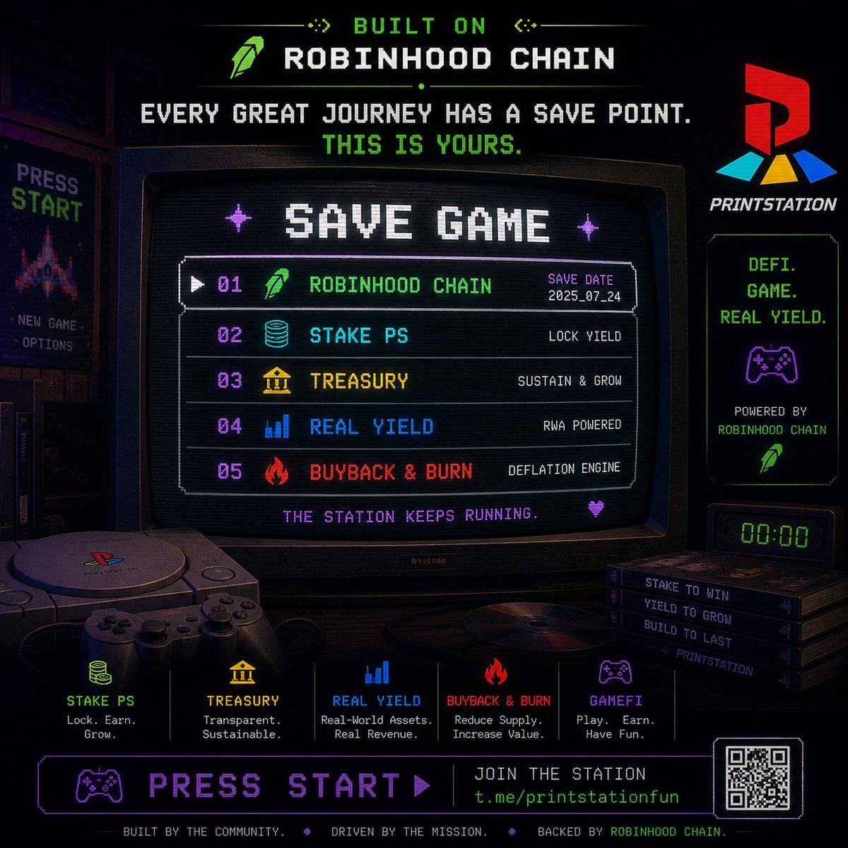 uuuR_sisman's tweet photo. Every great game had one thing in common.

A save point.

PrintStation is building one for DeFi on Robinhood Chain.

🎮 Stake.
🏦 Treasury.
📈 Real-world yield.
🔥 Buyback &amp; Burn.
Press START.
https://t.co/jomp596VJl

#RobinhoodChain #PrintStation #DeFi #GameFi #RWA #Web3 #Crypto https://t.co/ARR6iVUYsQ