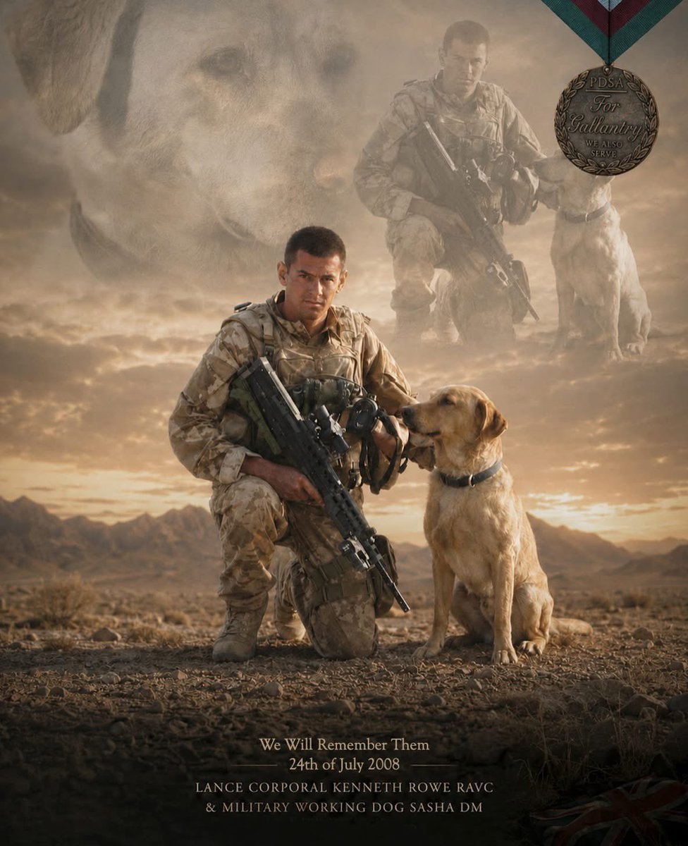 Official_DATR's tweet photo. LCpl Rowe RAVC & MWD Sasha DM lost their lives on 24th of July 2008, in Afghanistan.
They were an operational RAVC Arms & Explosive Search Dog team, attached to 2nd Battalion, the Parachute Regiment.
Lest we forget.
#DATR #RAVC #2Para #PDSA #MilitaryWorkingDogs
🐾WeAlsoServe https://t.co/Ax4bW2VZQ3