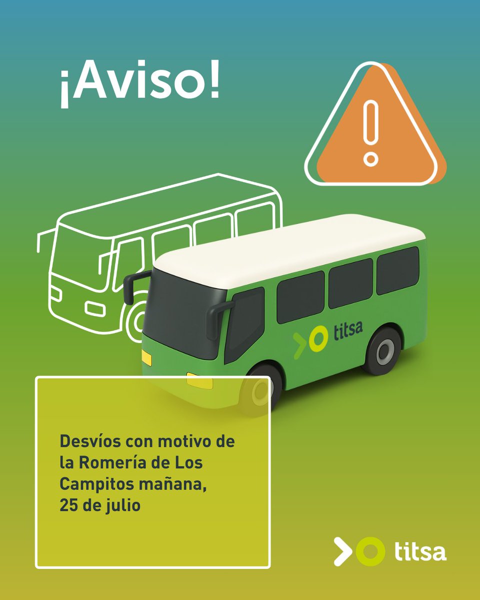 titsa's tweet photo. 📣 Aviso: Con motivo de la Romería de Los Campitos, mañana, 25 de julio, habrá servicios especiales.

Consultar toda la información aquí: https://t.co/VkOurWtd3k https://t.co/9jmrSvZ1Ct