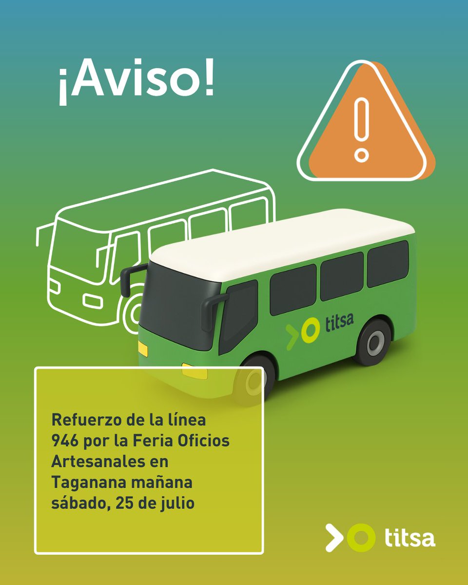 titsa's tweet photo. 📣 Aviso: La línea 946 tendrá refuerzos mañana, 25 de julio, por la Feria Oficios Artesanales, en Taganana.

Toda la información en https://t.co/sR5CMiEZhu https://t.co/S1ZgWH5Pei