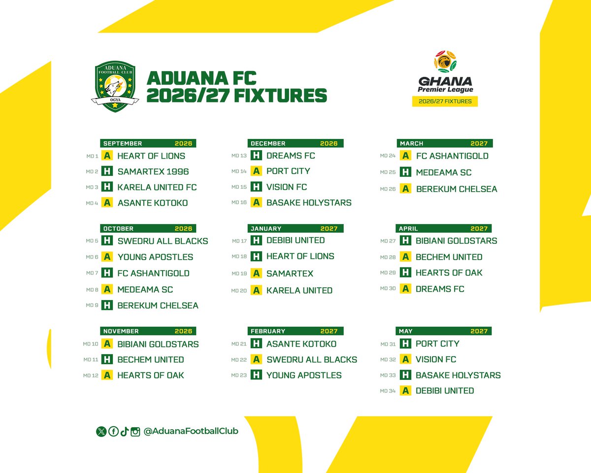 Aduana_fc's tweet photo. 🗓️ The complete fixture list is here! Aduana FC’s 2026/27 Ghana Premier League journey is officially mapped out. Let’s get ready for the season ahead.

Which fixture are you looking forward to the most? 

|| #Ogya || #AduanaFC 🔥🐕 https://t.co/R7DcpsP26b