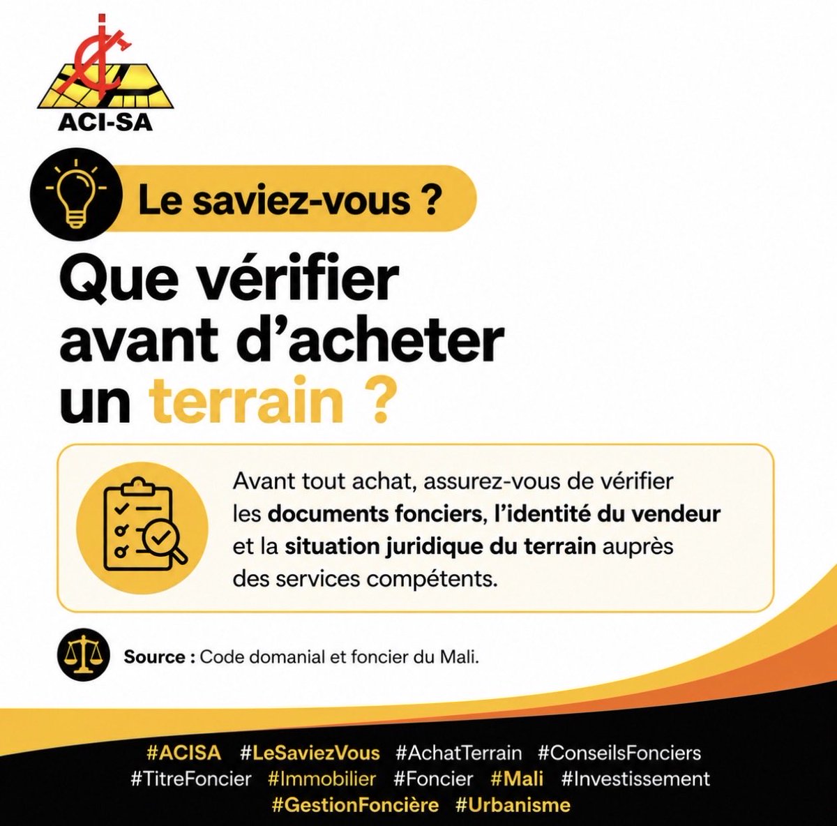 ACIAgence's tweet photo. 💡 LE SAVIEZ-VOUS ?
Que vérifier avant d’acheter un terrain ?

Avant tout achat, assurez-vous de vérifier les documents fonciers.
#ACISA #LeSaviezVous #AchatTerrain #ConseilsFonciers #TitreFoncier #Immobilier #Foncier #Mali #Investissement #GestionFoncière #Urbanisme https://t.co/Nxw4EyIoZp